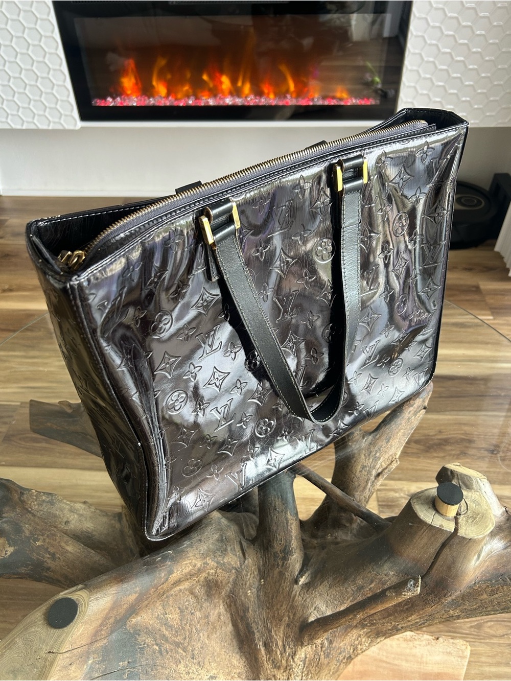 Louis Vuitton Black Patent Monogram Tote with Gold Hardware
